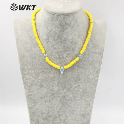 WT-JN196 Amazing New Design Healing Handsha Yellow Resin Beads Strand Necklace Natural Shell Made Hand Charm Pendant Necklace