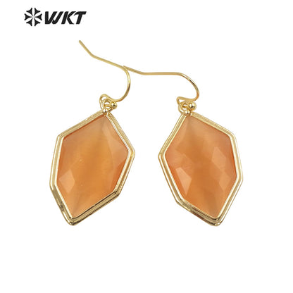 WT-E740 Amazing Colorful Elegant Natural Cat Eye Stone Hexagon Shaped Long Charming Earrings Women Pendant Earrings