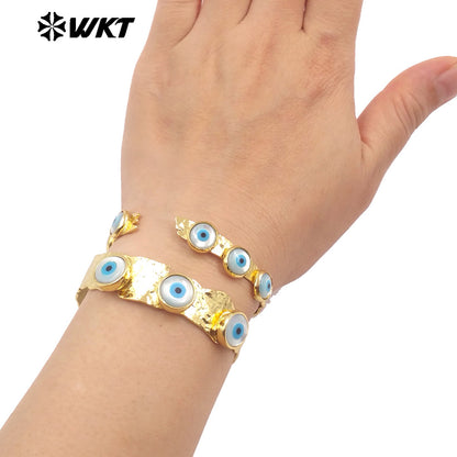 MPB112 Lovely Energy 18K Real Gold Bezel Setting Natural Shell Turkey Eye Bangle in Adjustable Open Cuff
