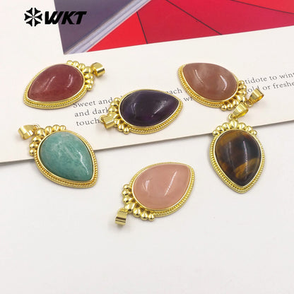 WT-P1972 Amazing WKT New Design High Polish Long Drop Stone Made Gold Bezel Setting Natural Amethyst Pendants for Necklace