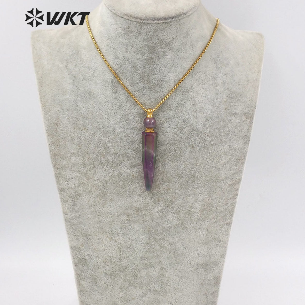 WT-N1282 Wholesale Long Bullet Shape Aura Amethyst Essencial Oil Necklace Lady Natural Stone Perfume Bottle Necklace