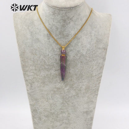 WT-N1282 Wholesale Long Bullet Shape Aura Amethyst Essencial Oil Necklace Lady Natural Stone Perfume Bottle Necklace