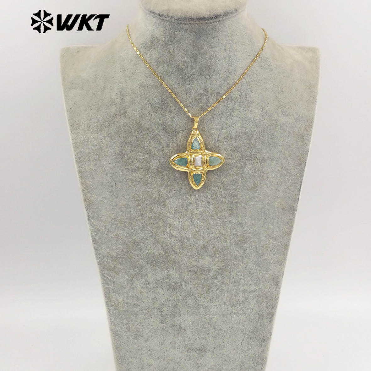 WT-JN314 Amazing Super Hot Christian Religious Natural Turquoise Stone Assemble With Pearl Cross Pendants Necklace in 18K Gold