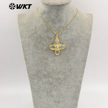 WT-JN314 Amazing Super Hot Christian Religious Natural Turquoise Stone Assemble With Pearl Cross Pendants Necklace in 18K Gold