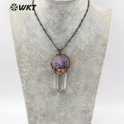 WT-N1263 Women Antique Copper Plated Crystal Quartz with Amethyst Necklace Boho Vintage Natural Quartz Point Necklace