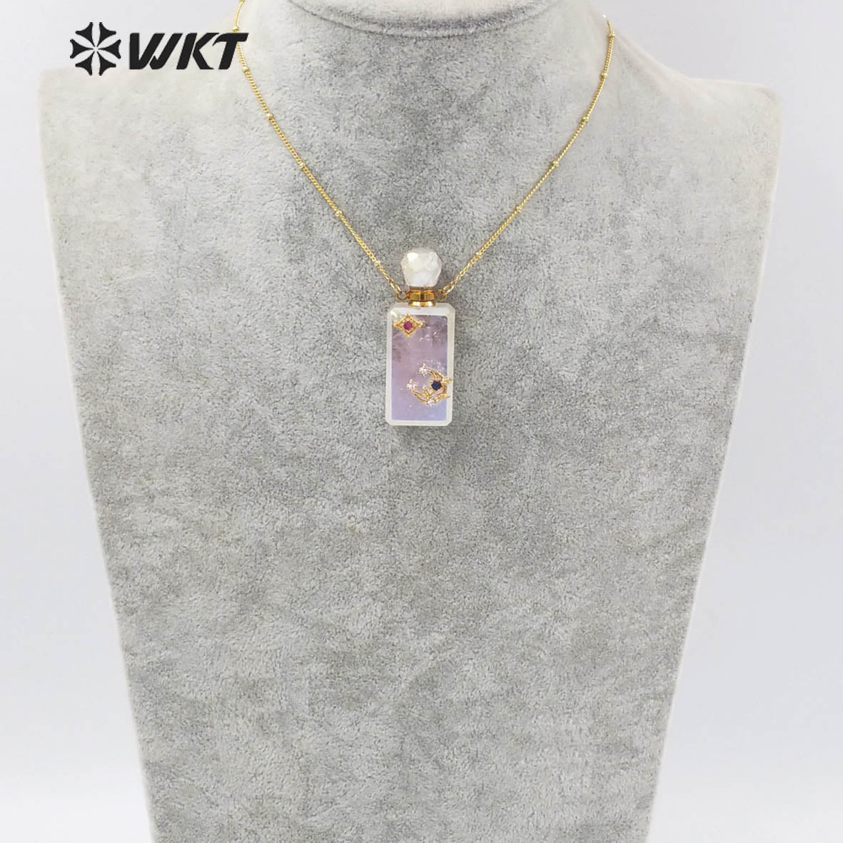 WT-N1352 WKT Shine and Bright Natural Stone Aura Quartz Perfume Bottle Necklace Beautiful Jewelry Pendant Chain Jewelry Wedding