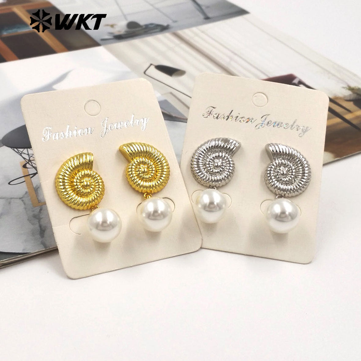 WT-ME132 Fashion Gold And Silver Plated Shell Shape Double Designs Brass With Artificial Pearl Earrings For Women Daily Wearing