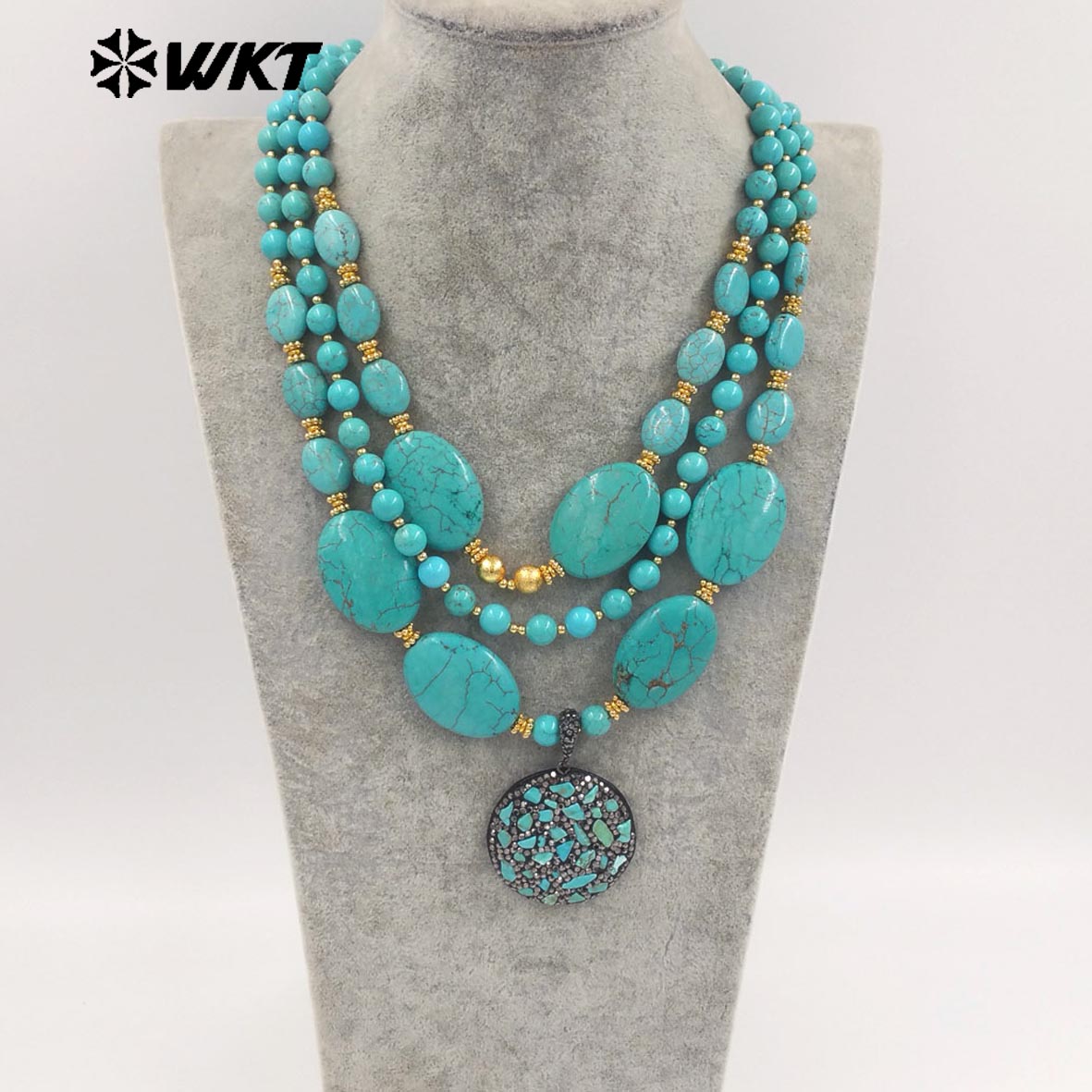 WT-N1506 Gorgeous Luxury Natural Turquoise And Gold Plated Bead With Little Stones Pendant Three Layers Necklace For Unique Gift