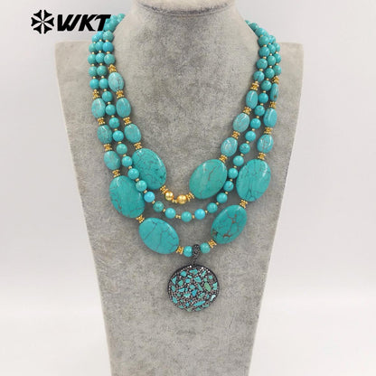 WT-N1506 Gorgeous Luxury Natural Turquoise And Gold Plated Bead With Little Stones Pendant Three Layers Necklace For Unique Gift