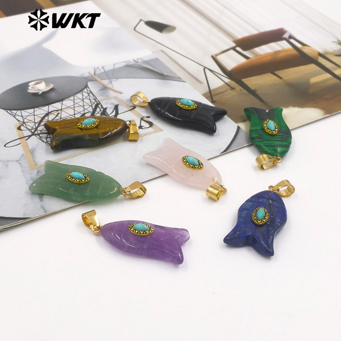 WT-P2012 Wonderful Gold Plated Fish Shape Multi Colors Natural Gemstones Set In Small Stone Pendants For Unique Jewelry Making