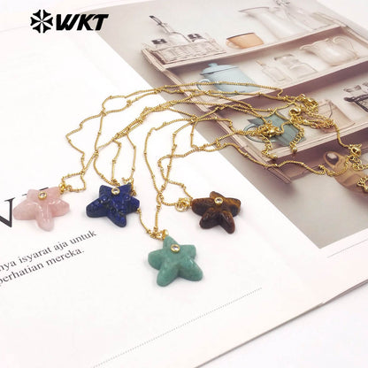 WT-N1532 Popular Trendy Gold Thin Chain With Starfish Shape Natural Gemstones Pendants Necklaces As Female Daily Decoration