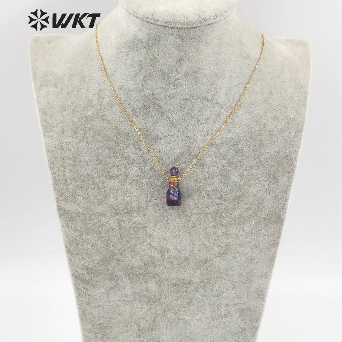 WT-N1455 Newest Fashion Gold Plated Natural Stone Made Rainbow Fluorite Perfume Bottle Necklace Girl Birthday Gift Jewelry