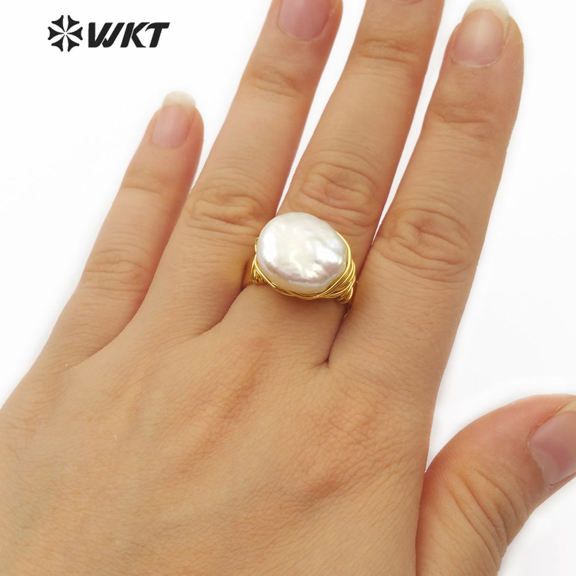 WT-R340 Newest Jewelry Wire Wrapped Pearl Ring Natural Pearl Gold Electroplated Ring Women Fashion Charm Jewelry Ring