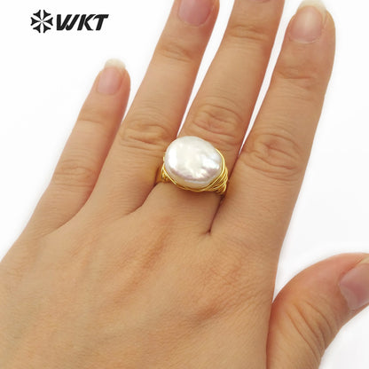 WT-R340 Newest Jewelry Wire Wrapped Pearl Ring Natural Pearl Gold Electroplated Ring Women Fashion Charm Jewelry Ring