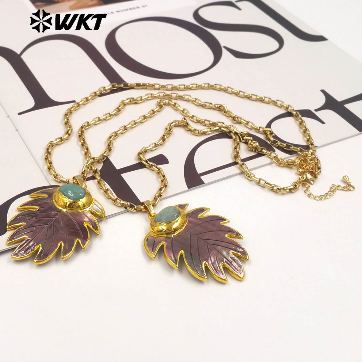 WT-JN377 Trendy 18K Gold Plated Natural Shell And Amazonite Stone Leaf Shape Necklace For Vintage Party Wearing Jewelry