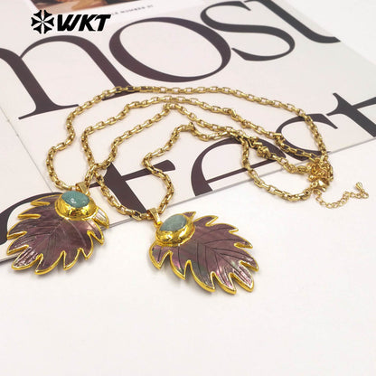 WT-JN377 Trendy 18K Gold Plated Natural Shell And Amazonite Stone Leaf Shape Necklace For Vintage Party Wearing Jewelry