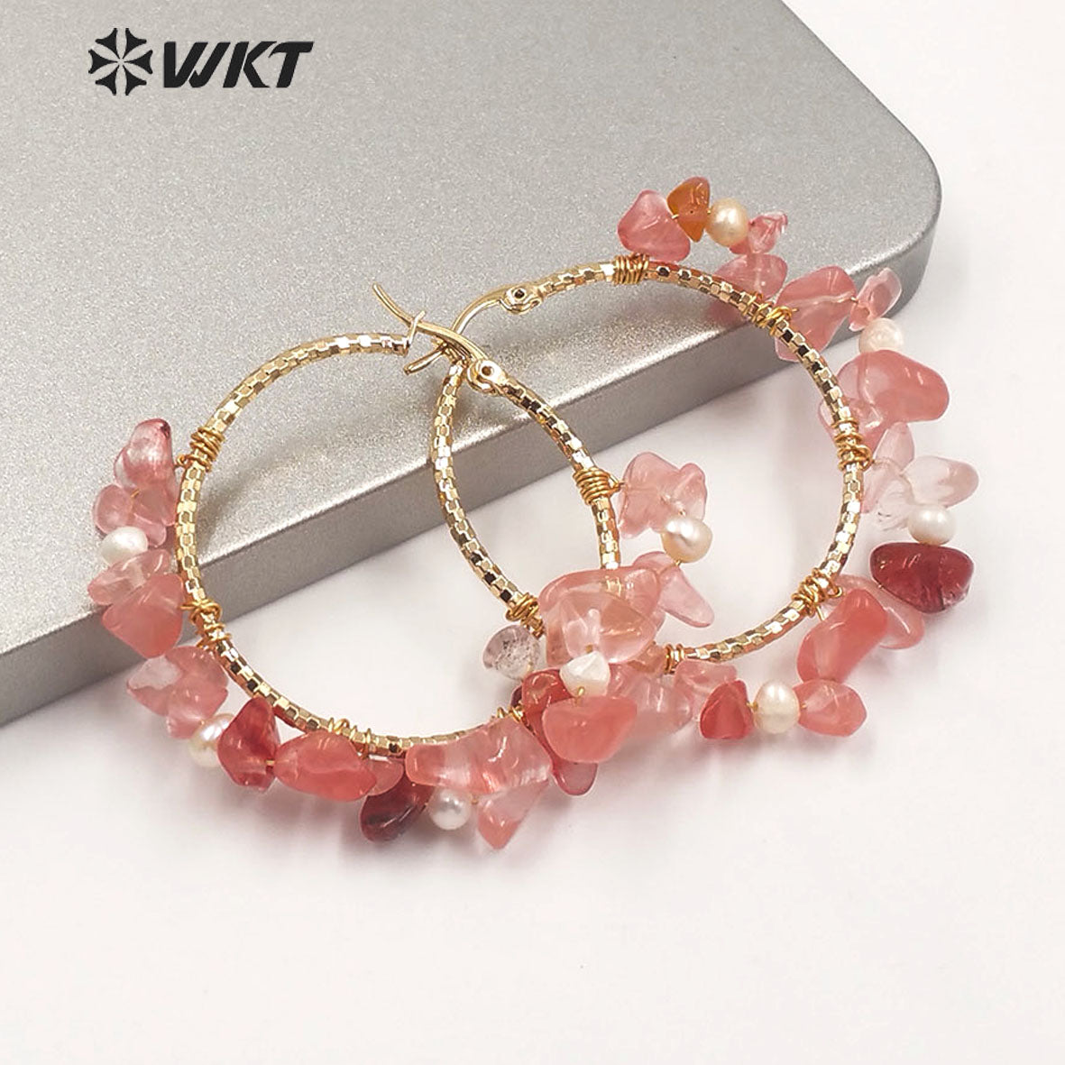 WT-E608 Exclusive Design INS Style Gravel Stone Pearl Earring Pink Color Women Fashion Gravel Stone Earring