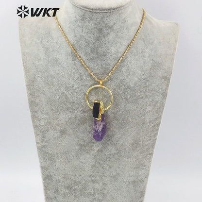 WT-N1266 Gorgeous New Big Amethyst Point Energy Stone Necklace Lady Lucky Stone Necklace With Gold Plated in 18 Inch Long