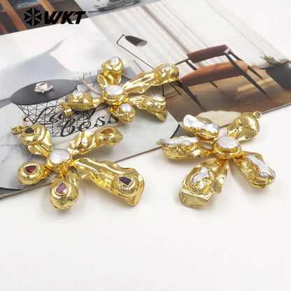 WT-JP454 Gorgeous Gold Plated Natural Freshwater Pearl And Cubic Zircon Windmill Shape Charm Pendant For Fashion Jewelry Making