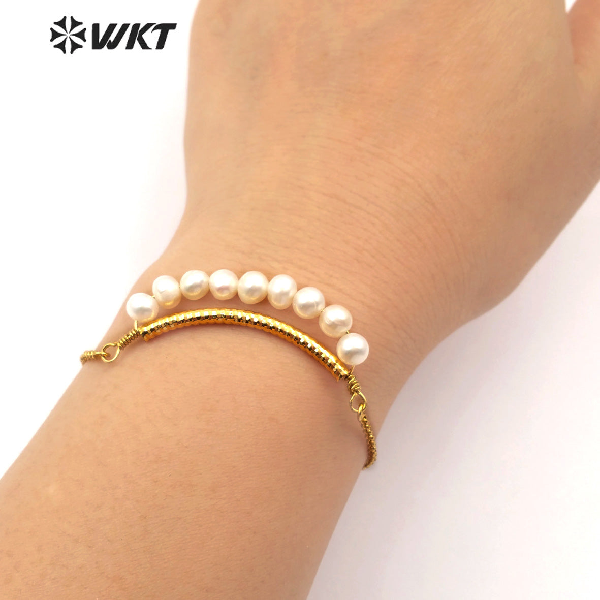 WT-B481 Wholesale Jewelry Pearls Strung in Bends Gold Bracelet Natural Freshwater Pearl Adjustable Bracelet Rose Gold Bracelet