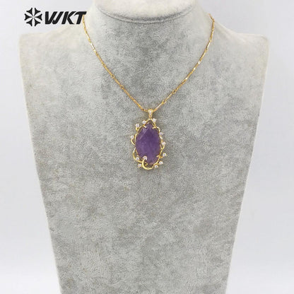 WT-N1351 Wholesale Fashion Gold Plated Natural Gemstone Bezel Setting Pendant Necklace Women Gorgeous Micro Pave Stone Necklace