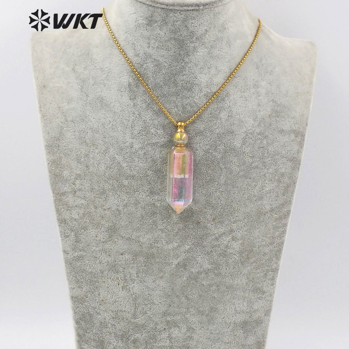 WT-N1261 Hot Sale Natural Crystal Quartz Point Essential Oil Necklace Stainless Steel Chain Natural Aura Perfume Bottle Necklace
