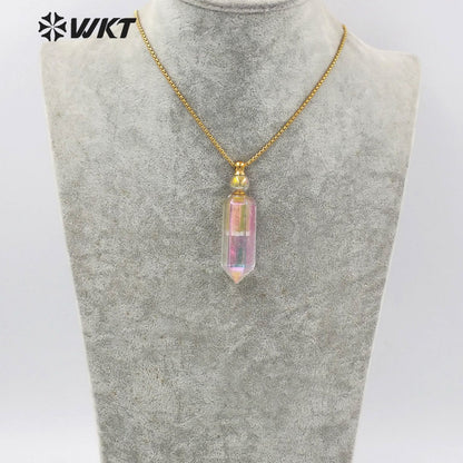 WT-N1261 Hot Sale Natural Crystal Quartz Point Essential Oil Necklace Stainless Steel Chain Natural Aura Perfume Bottle Necklace