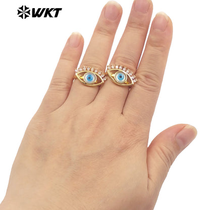 WT-MPR103 Newest Fashion Micropave Cubic Zircon Setting Trendy Gold Plated Turkey Eye Shell Ring in Adjustable Size