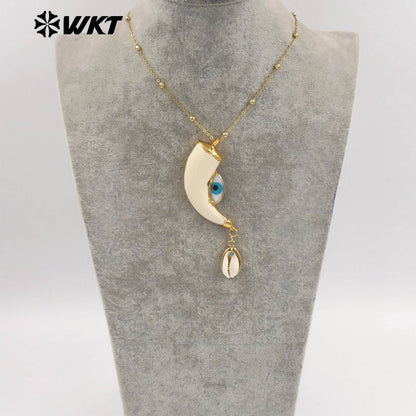 WT-JN355 Amazing Artistic Gold Plated Beads Chain With Double Natural Shell Charms Necklace For Women Unique Halloween Gifts