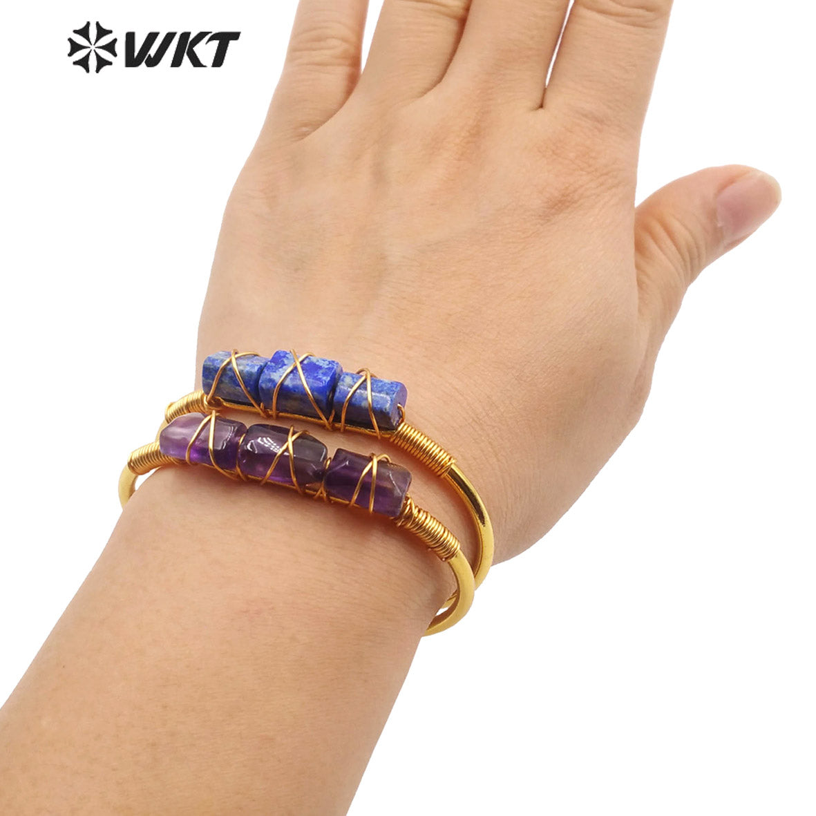 WT-B615 Wholesale New Women Handmade Wire Wrapped Natural Gemstone Cuff Bangle in Open Size Boho Stone Bangle for Friends