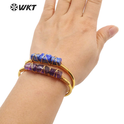 WT-B615 Wholesale New Women Handmade Wire Wrapped Natural Gemstone Cuff Bangle in Open Size Boho Stone Bangle for Friends