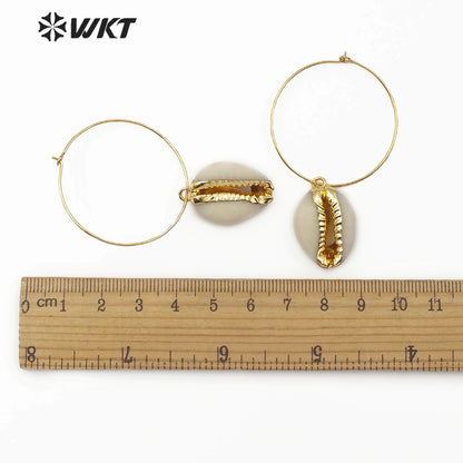 WT-E516 Hot Sale Bohemia Shell Jewelry With 18K Gold Electroplated Natural Cowrie Earring Big Loop Shell Earring