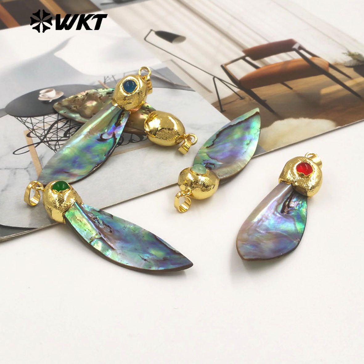 WT-JP447 Wholesale Vintage Design Gold Plated Natural Abalone Shell Sword Shape Little Pendants As Earrings Necklace DIY Finding