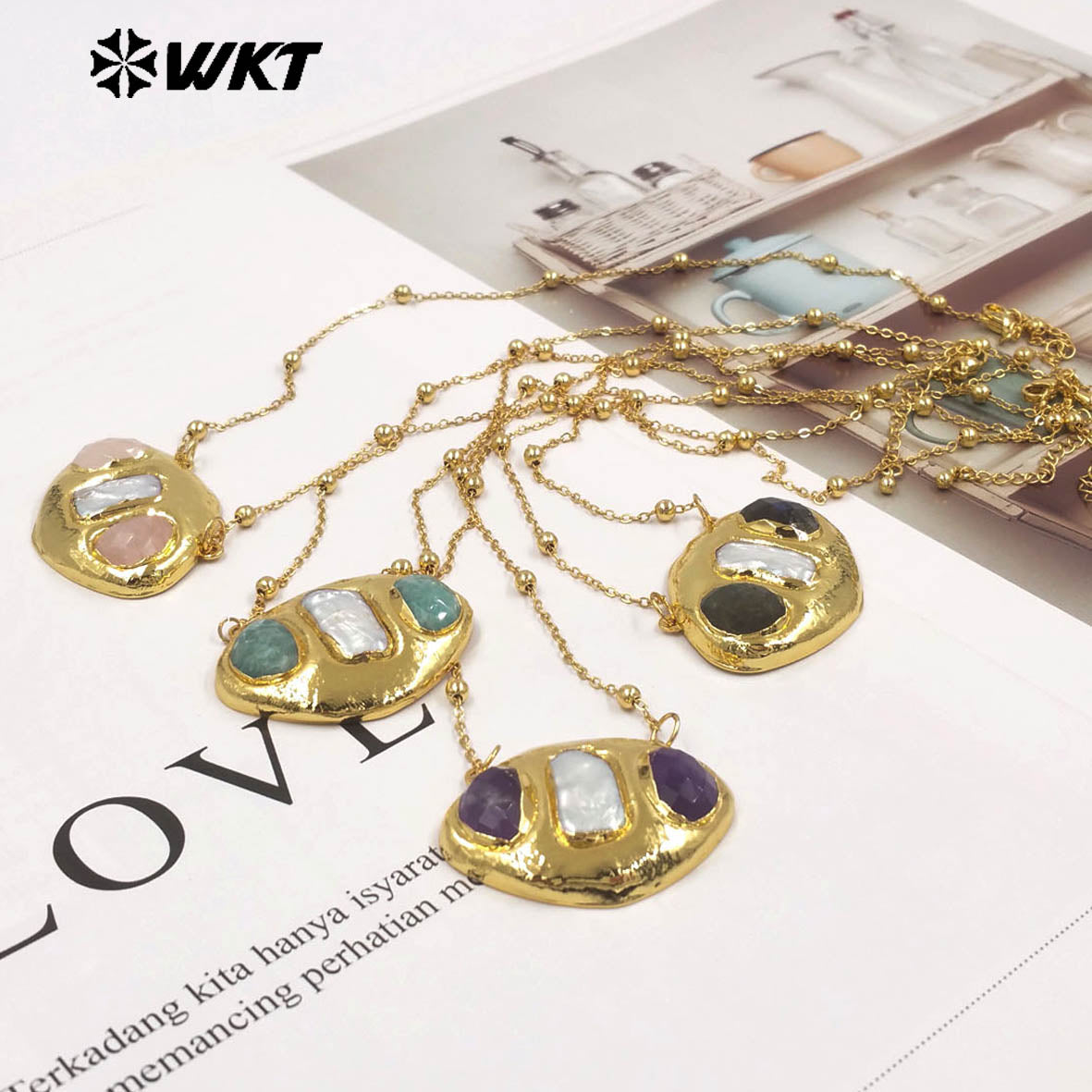 WT-JN403 Delicate Unique 18K Gold Plated Natural Gemstones And Pearl Pendant Necklaces For Girl Party Matching Decorative