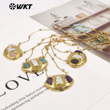 WT-JN403 Delicate Unique 18K Gold Plated Natural Gemstones And Pearl Pendant Necklaces For Girl Party Matching Decorative