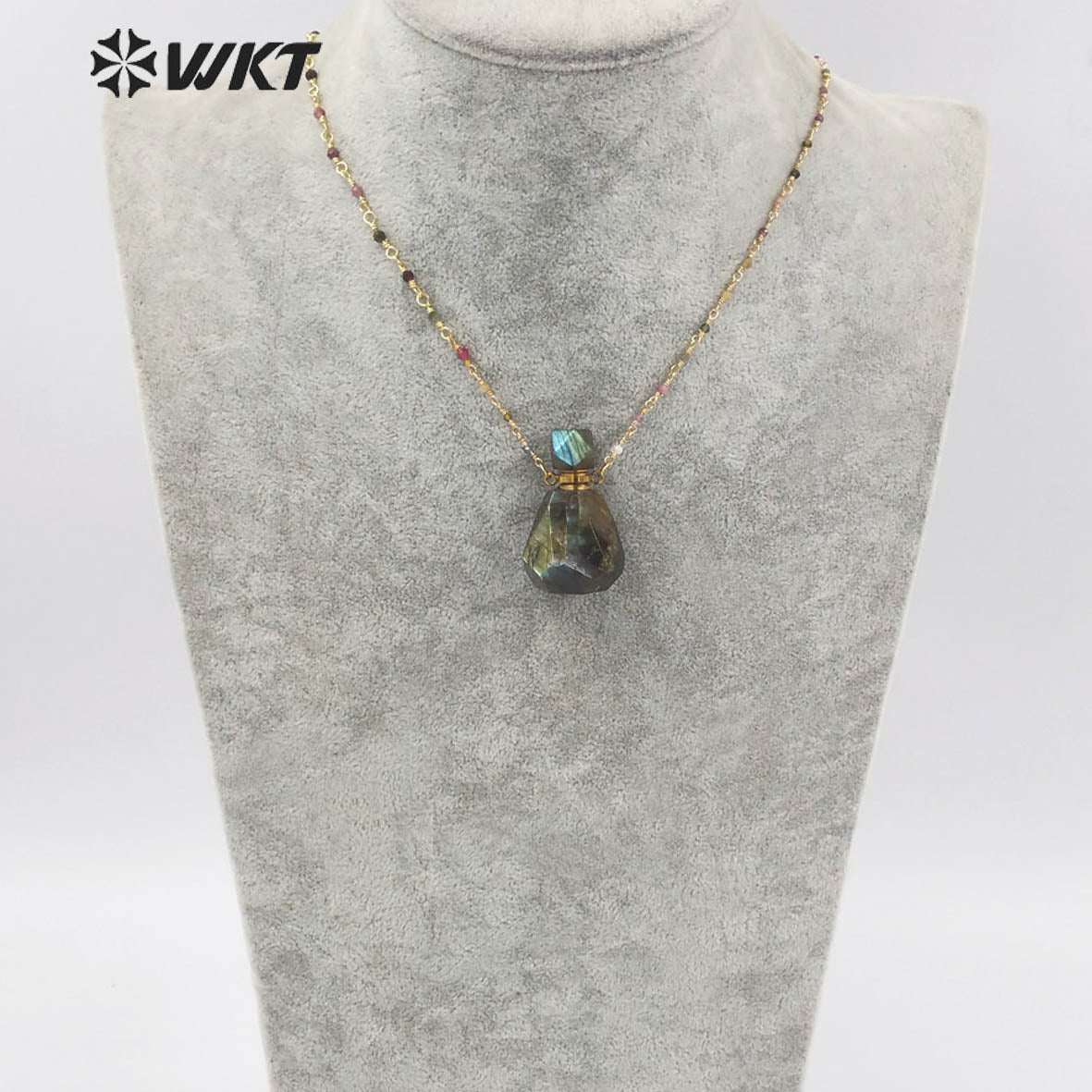 WT-N1268 WKT Precious 18 Inch Long rainbow Tourmaline Chain Perfume Bottle Necklace High Flash Labradorite Bottle Necklaces