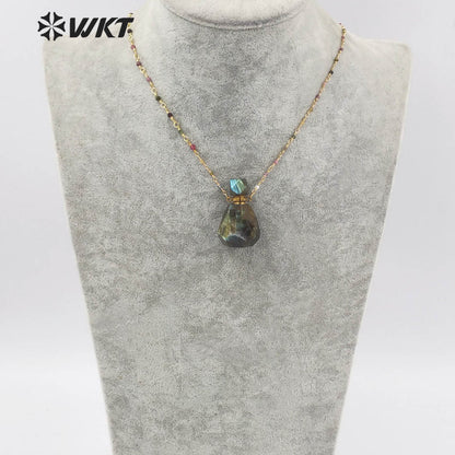 WT-N1268 WKT Precious 18 Inch Long rainbow Tourmaline Chain Perfume Bottle Necklace High Flash Labradorite Bottle Necklaces