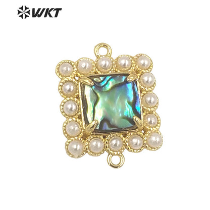 WT-PC003 New Design 18K Gold Plated Double Loops Metal Bezel With Claw Natural Shell Setting Pearl Charms