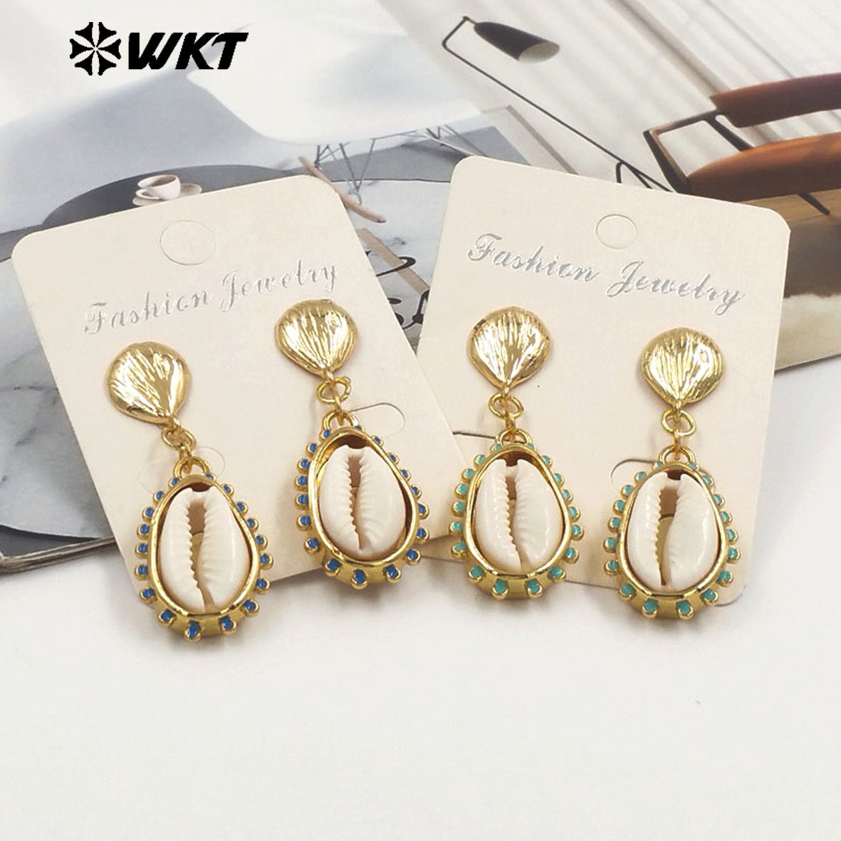 WT-MPE171 Hand Making Bohemian Style Gold Plated Natural Cowrie Shell Earrings For Women Beach Holidays Wearing Jewelry