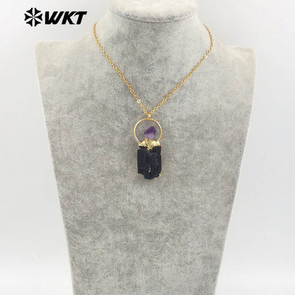 WT-N1467 Amazing Gold Plated Energy Healing Black Tourmaline With Amethyst Stone Pendant Necklace for Birthday Jewelry