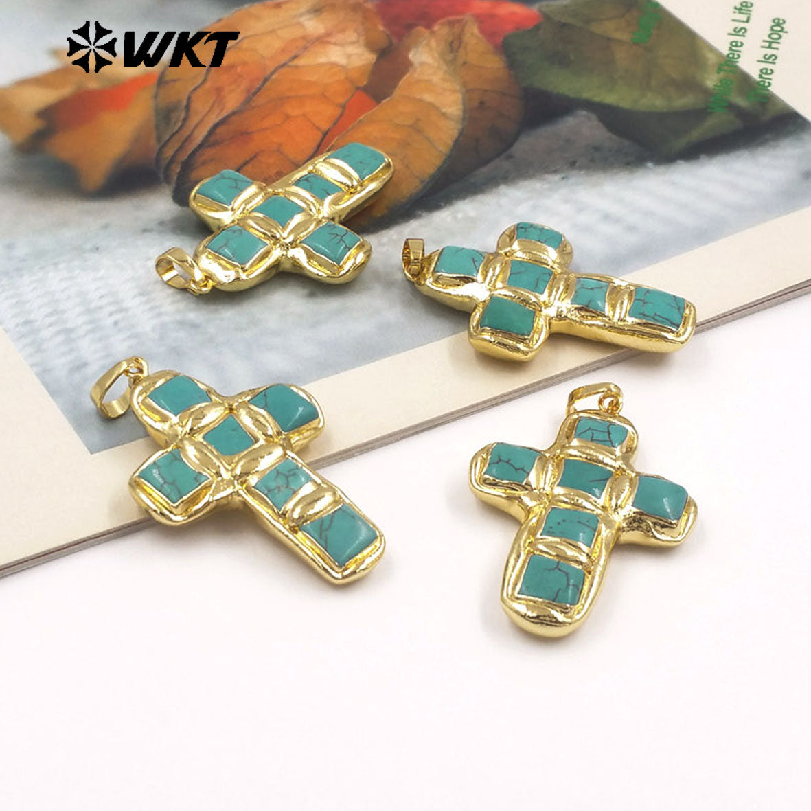 WT-P2037 Newest Religious Style Gold Plated Square Six Natural Turquoise Stones Cross Pendants For Handmade Fashion Gifts