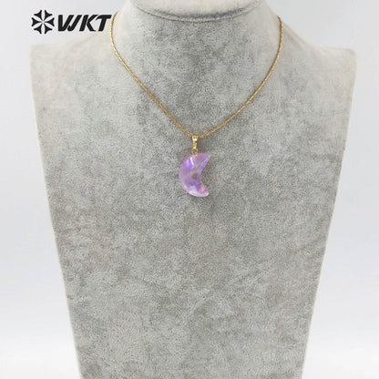 WT-N1335 Romantic Cute Shiny Crystal with Arua Pendant Necklace Moon Shape Natural Stones Amethyst with Aura Jewelry Necklace