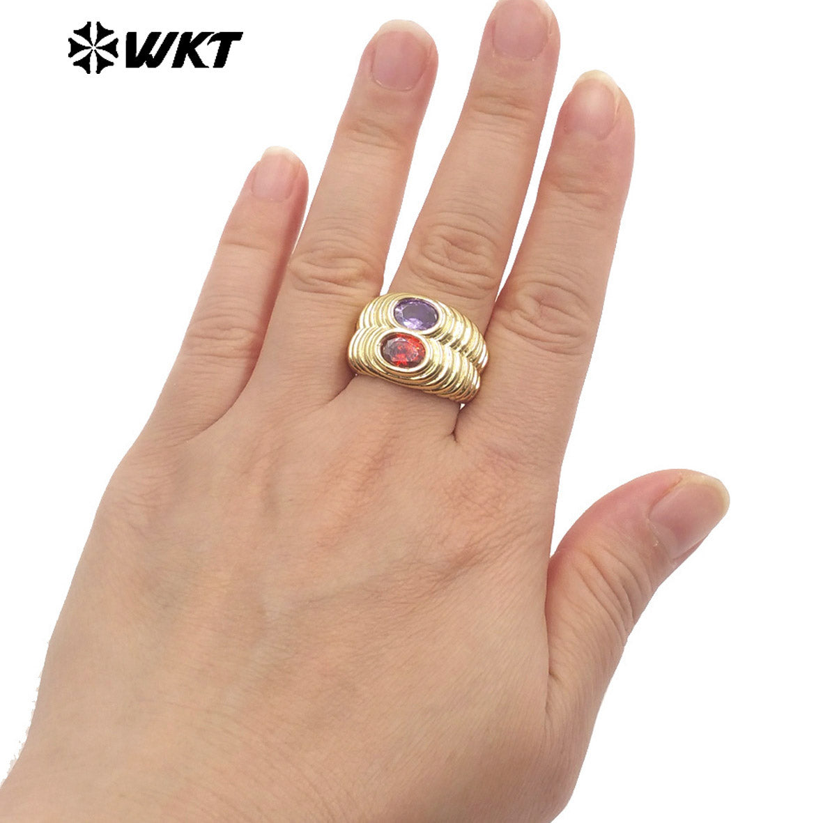 WT-MR039 Popular Fashion 18K Gold Plated Double Cubic Zircon Wide Band Cocktail Ring for Women