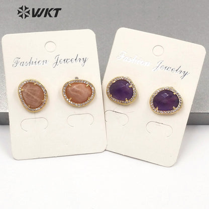 WT-ME085 WKT Natural Gemstone With Micropaved Cubic Zircon Studs Precious Birthday Stone Studs for Friend Gift