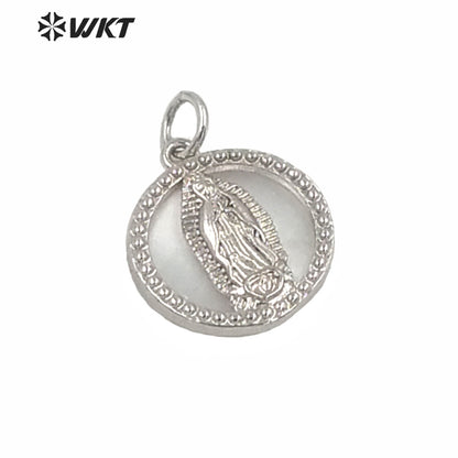 WT-MP156 WKT New Charming 15MM Natural Round Mop Shell Pendants Fashion Populared White Shell Gold Virgin Mary Pendants