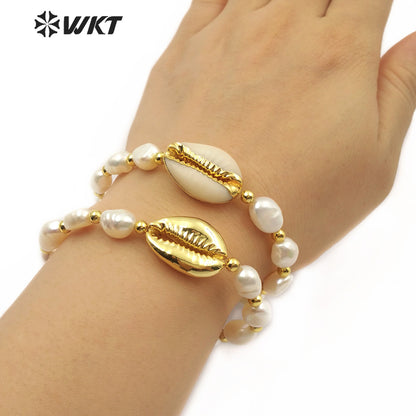 WT-B458 New Fashion Handmade Jewelry Adjustable Bracelets Gold Brass Beads and Pearl and Full or Half Plated Cowrie Bracelets