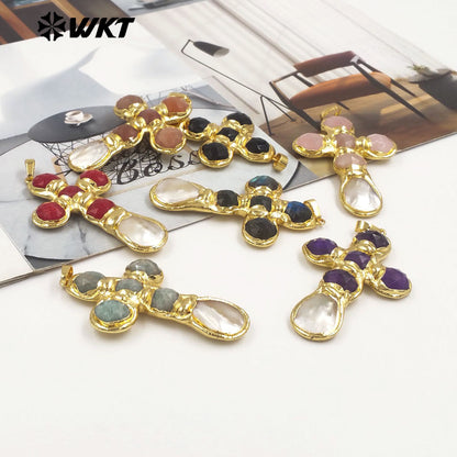 WT-JP449 Newest Labradorite Natural Stones And White Shell Spliced 18K Gold Plated Cross Pendants As Unique Jewelry Gift