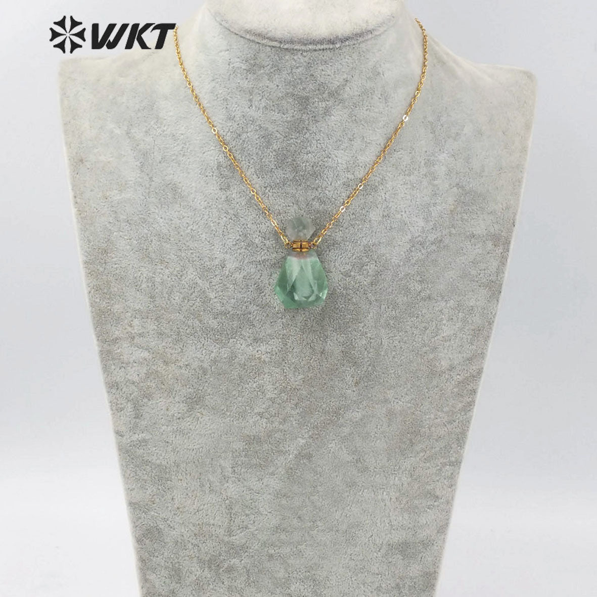 WT-N1312 Wholesale Fashion Gold Stainless Steel Handmade Cab Chon Natural Raw Fluorite Stone Perfume Bottle Necklace for Women