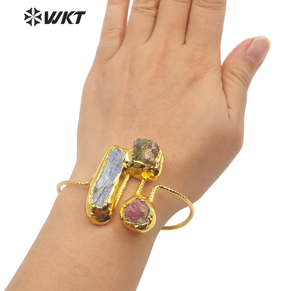 WT-B621 Gorgeous Fashion Triple Natural Stone Bangle Open Size Cuff Adjustable Kyanite Bangle Handmade Gold Anniversary Gift