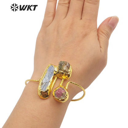 WT-B621 Gorgeous Fashion Triple Natural Stone Bangle Open Size Cuff Adjustable Kyanite Bangle Handmade Gold Anniversary Gift